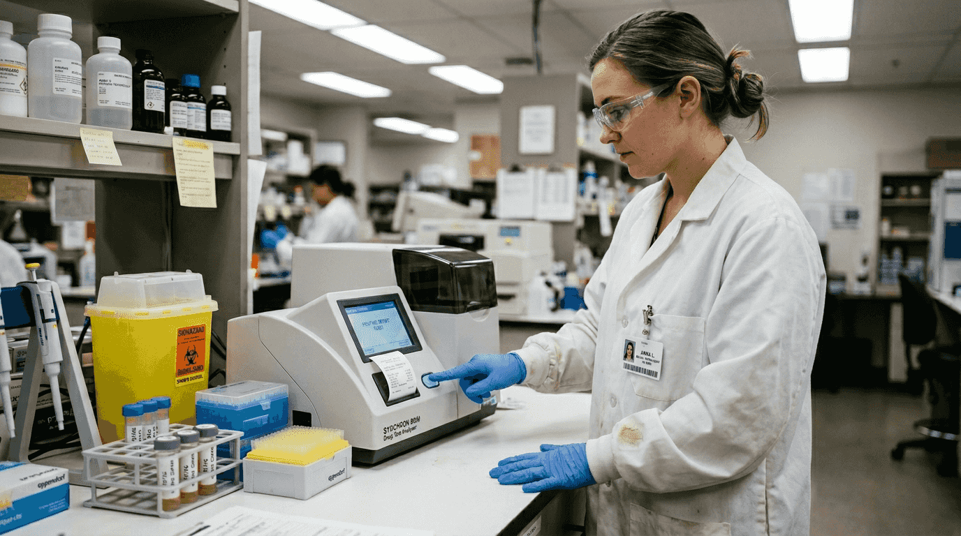 Lab technician operates drug testing analyzer in clinic
