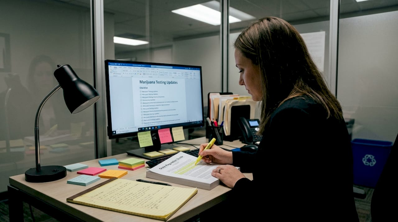 Compliance officer reviewing marijuana testing rules