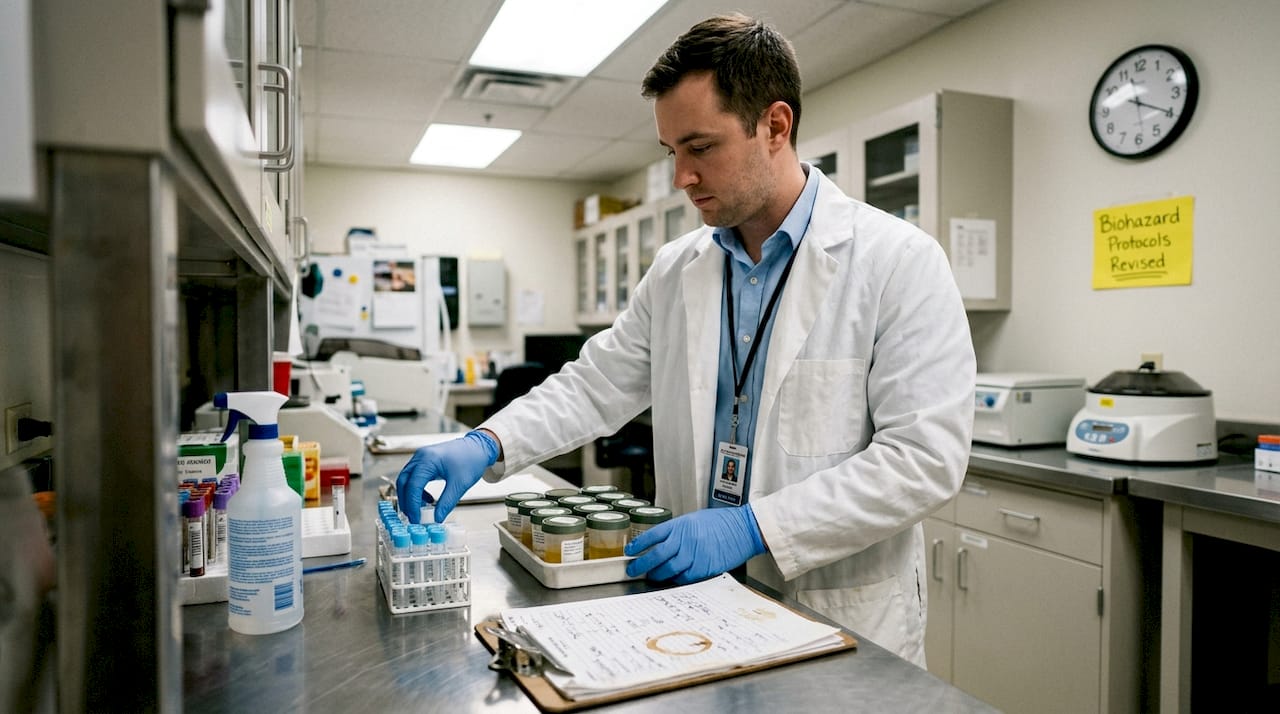 Lab technician preparing specimen containers