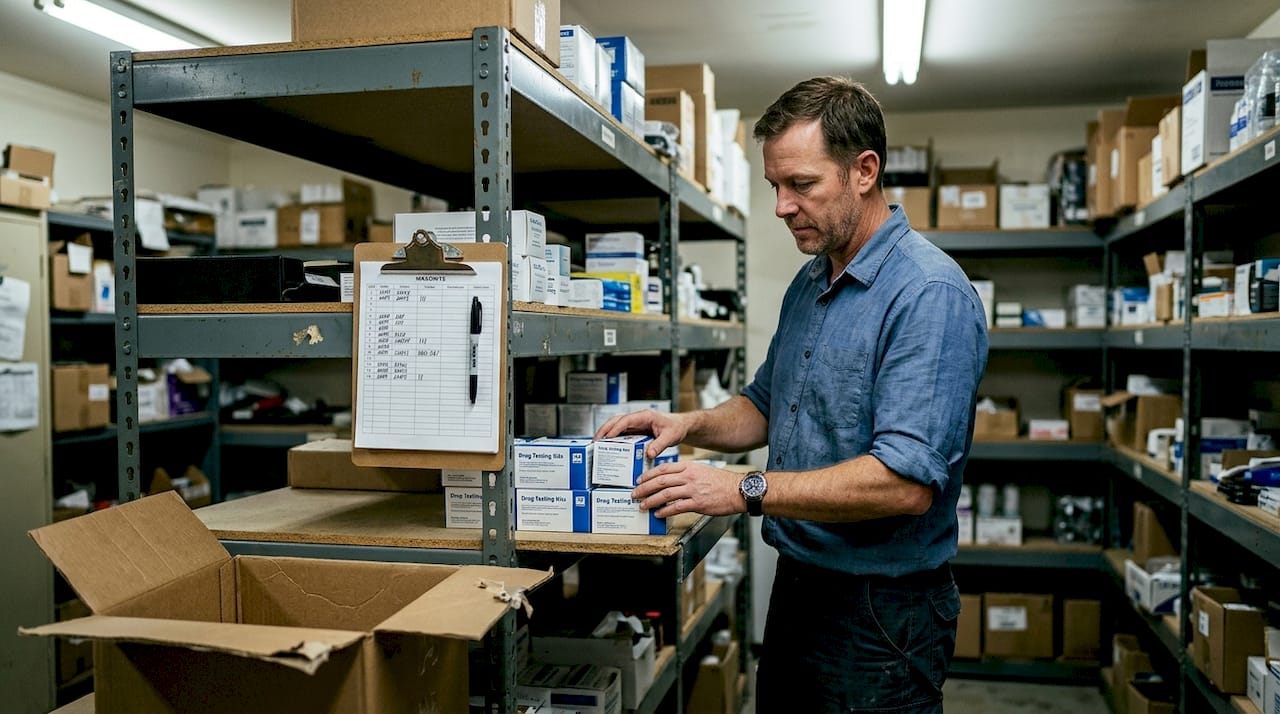 Staff performing inventory of drug test kits