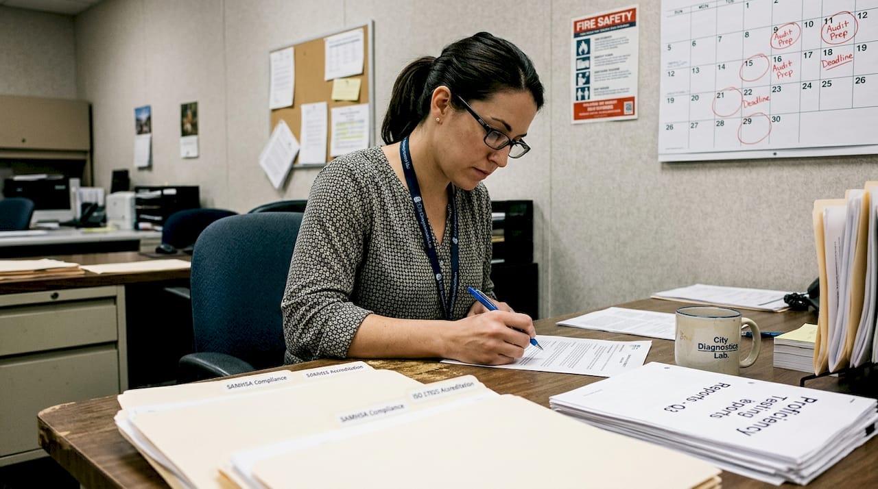 Lab manager checking certification documents at desk