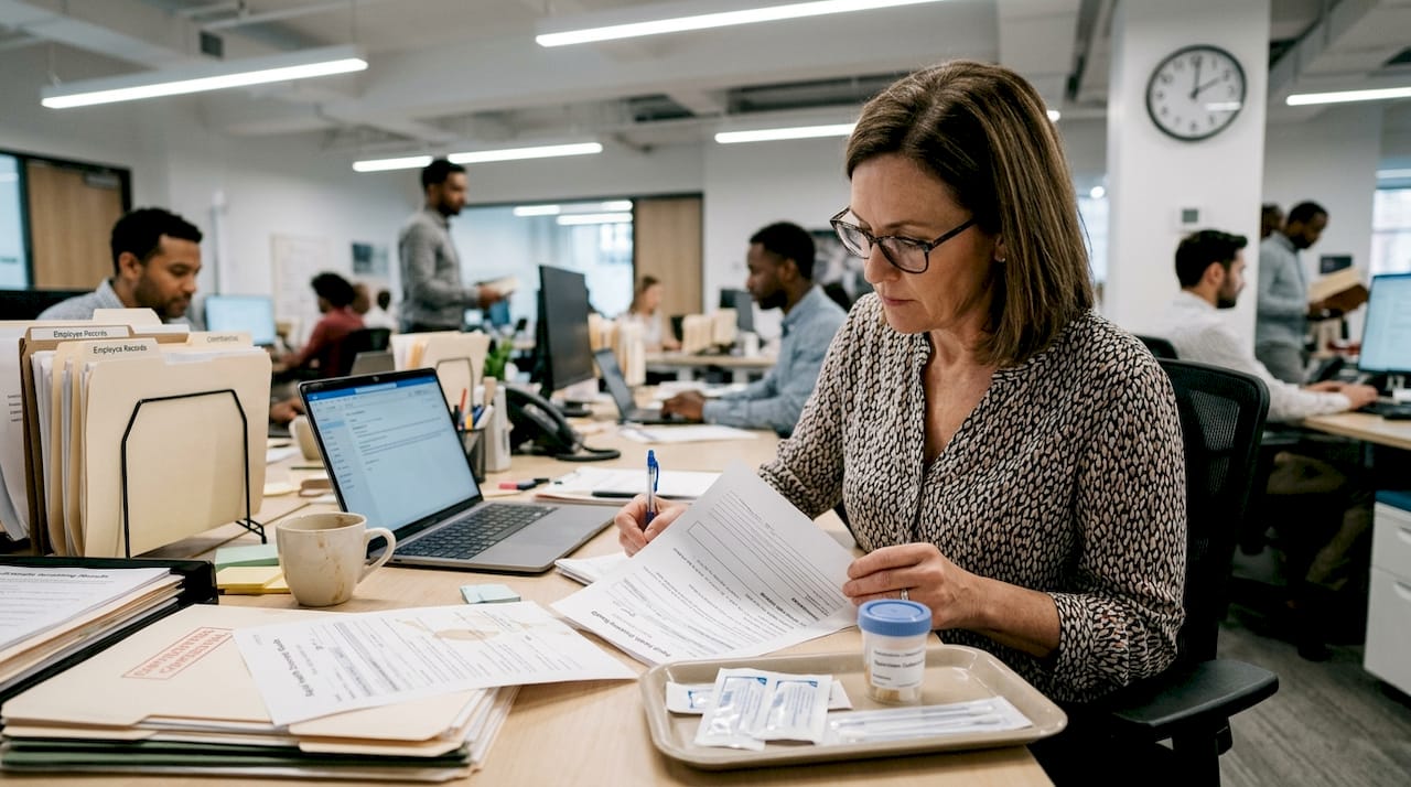 HR specialist reviewing drug test paperwork