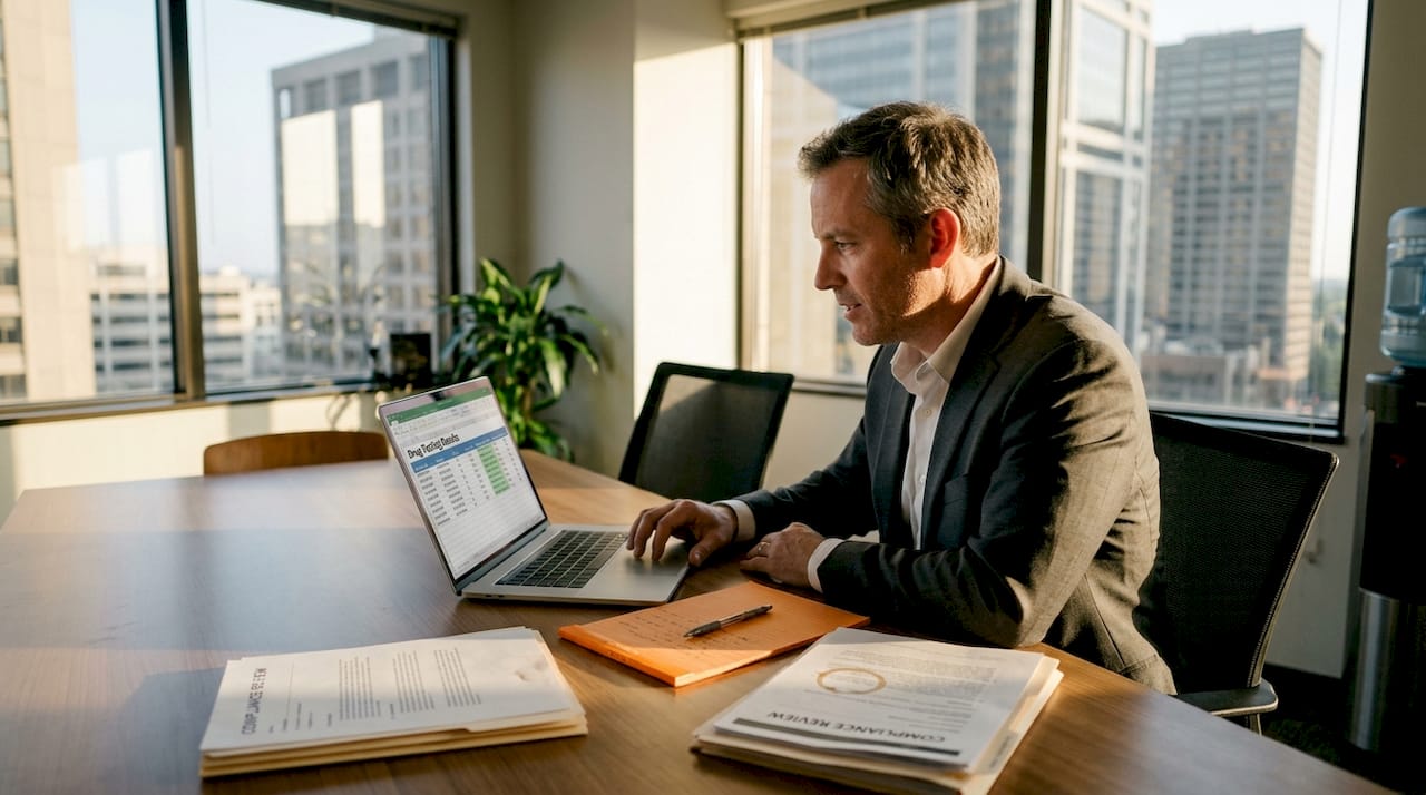 Compliance officer reviewing workplace test spreadsheet