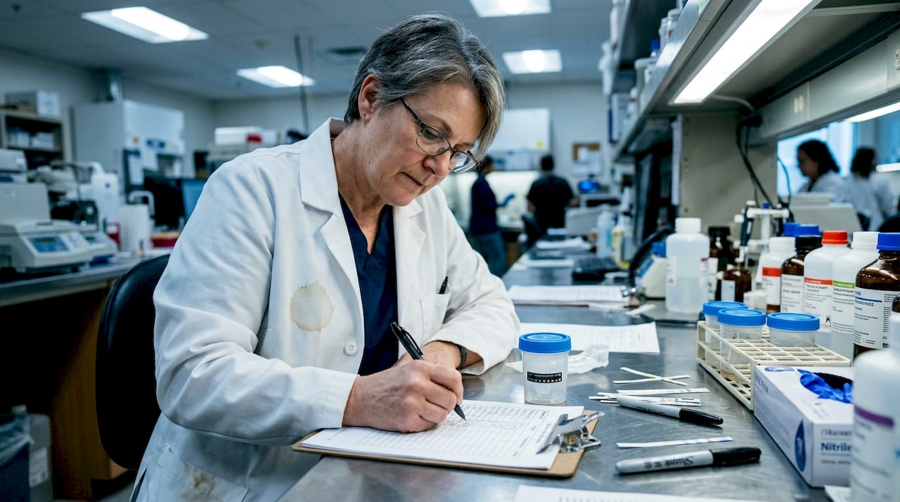 Lab worker documenting specimen validity check