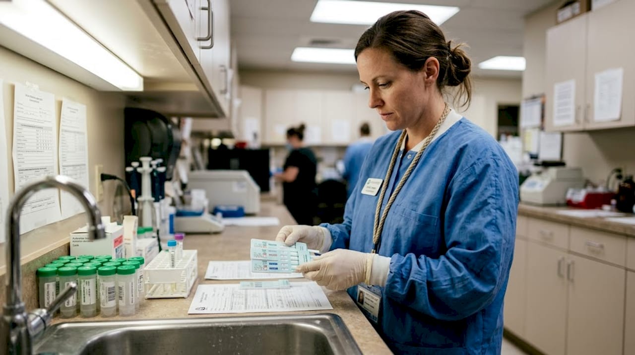 Lab technician examining multi-panel drug test kits
