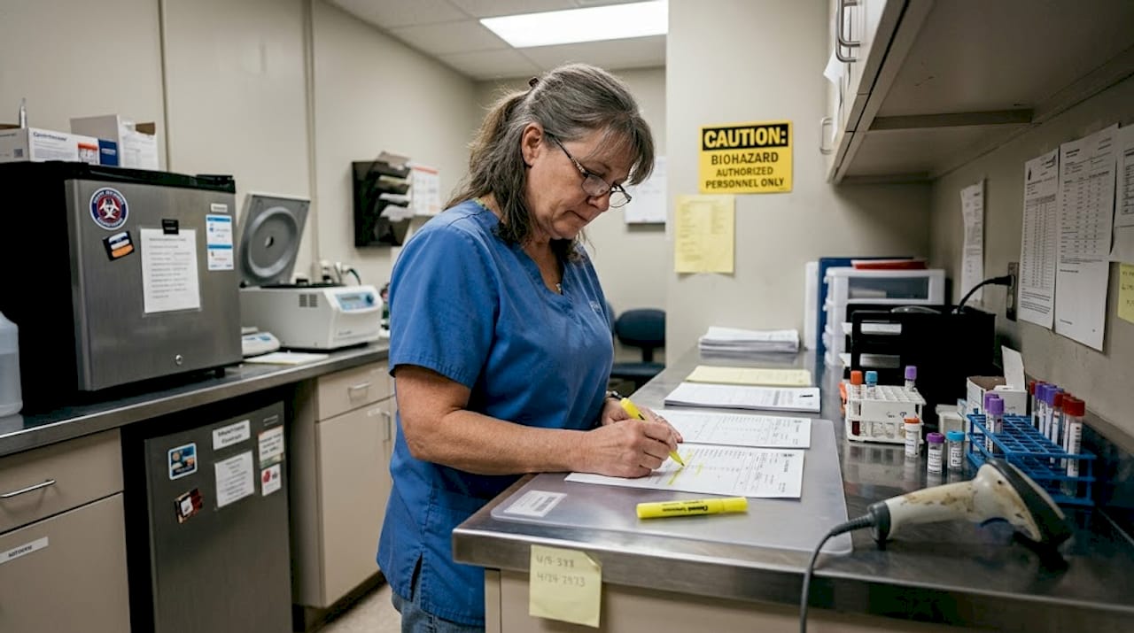 Technician reviewing drug testing error