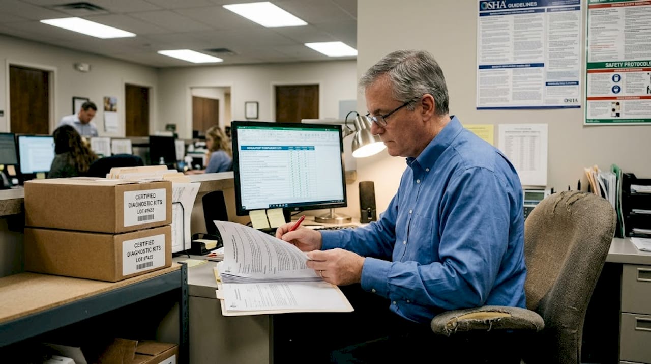 Compliance analyst reviews certification near test kits