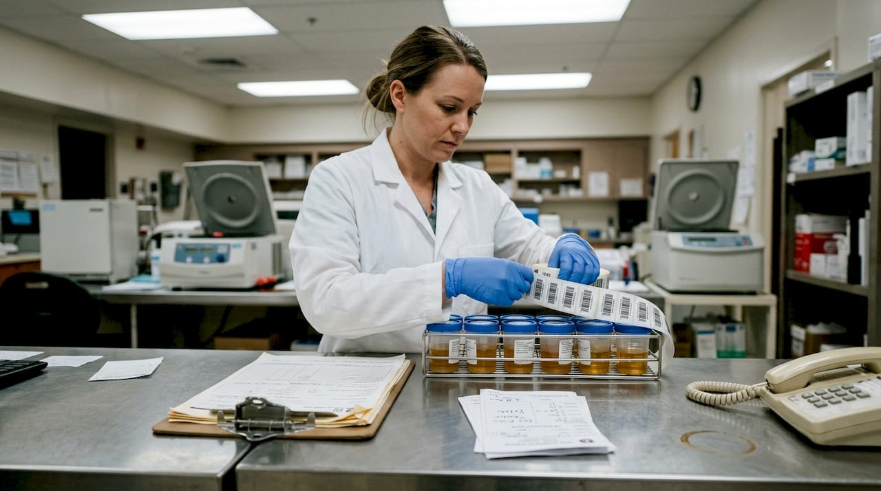 Lab technician labeling drug test samples in clinical lab