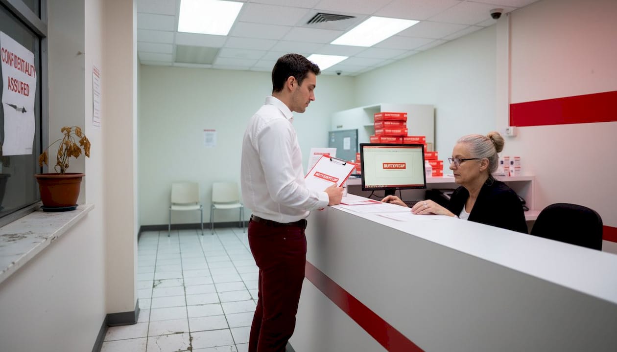 Employee waiting at drug testing clinic counter