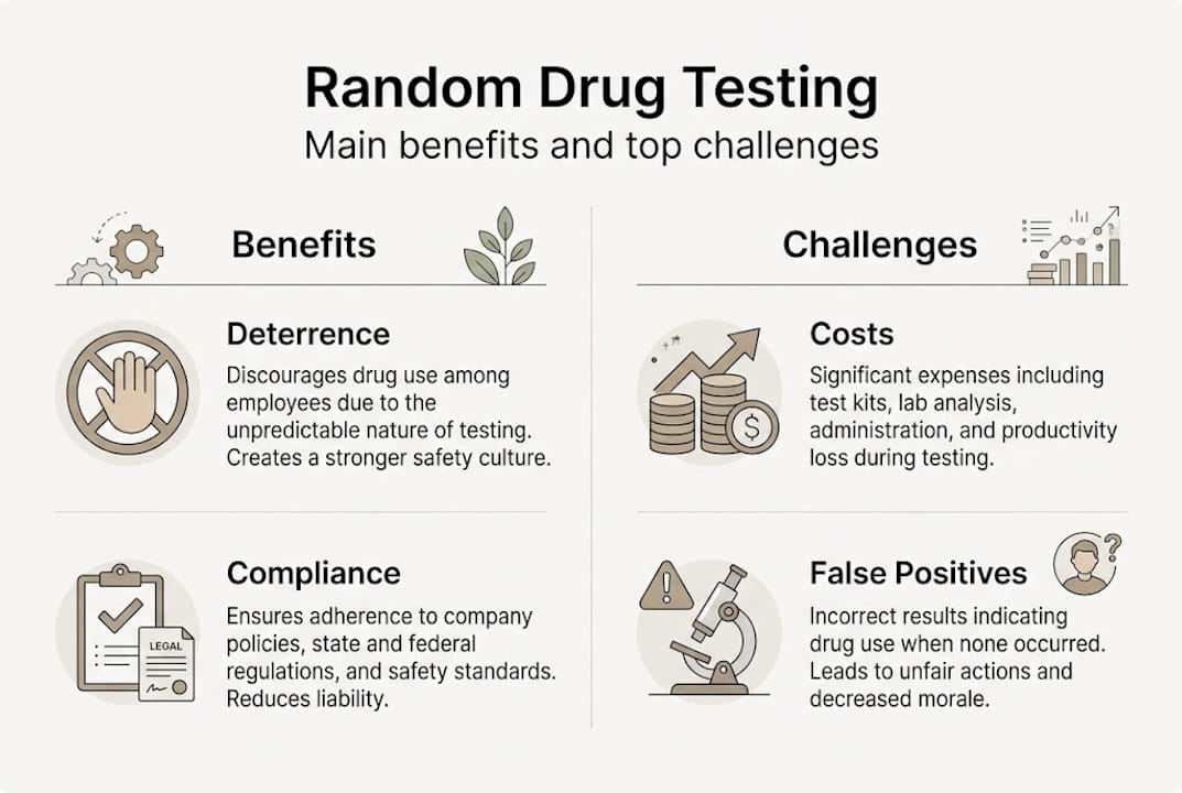 Infographic listing benefits and challenges of random drug testing