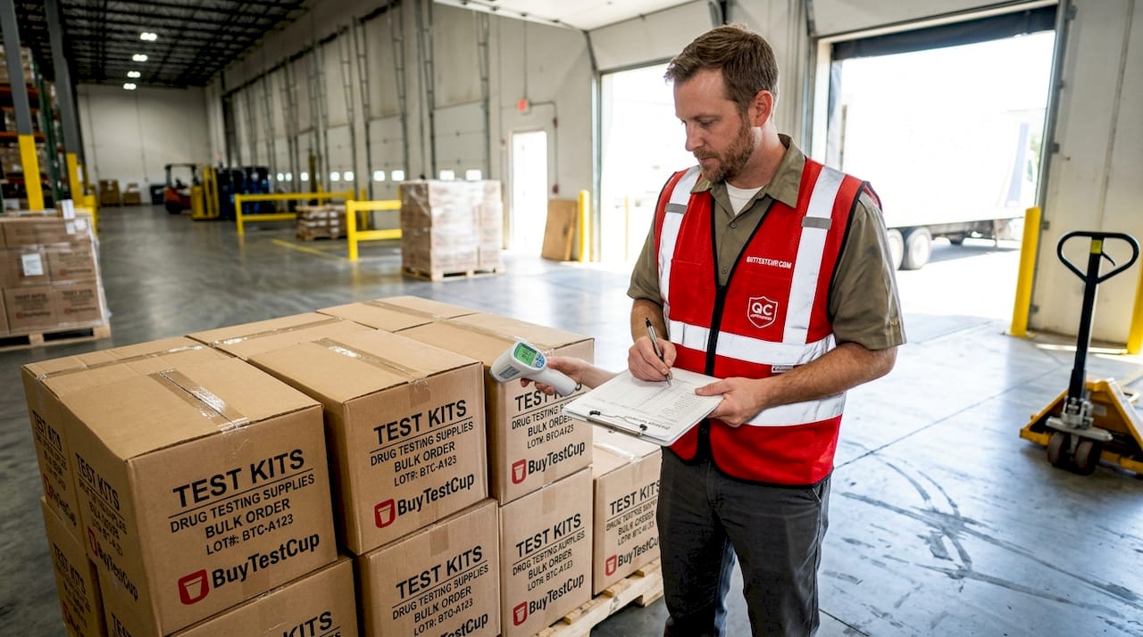 Supervisor inspecting delivered test kit pallets