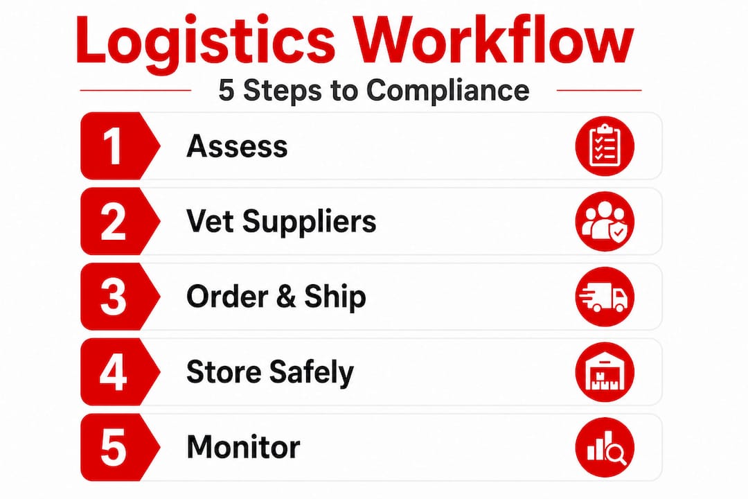 Bulk testing logistics workflow steps infographic