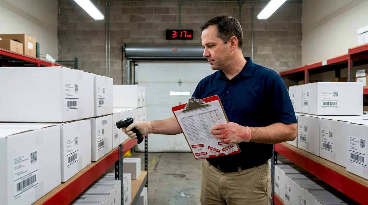 Technician organizing bulk drug test sample shipping