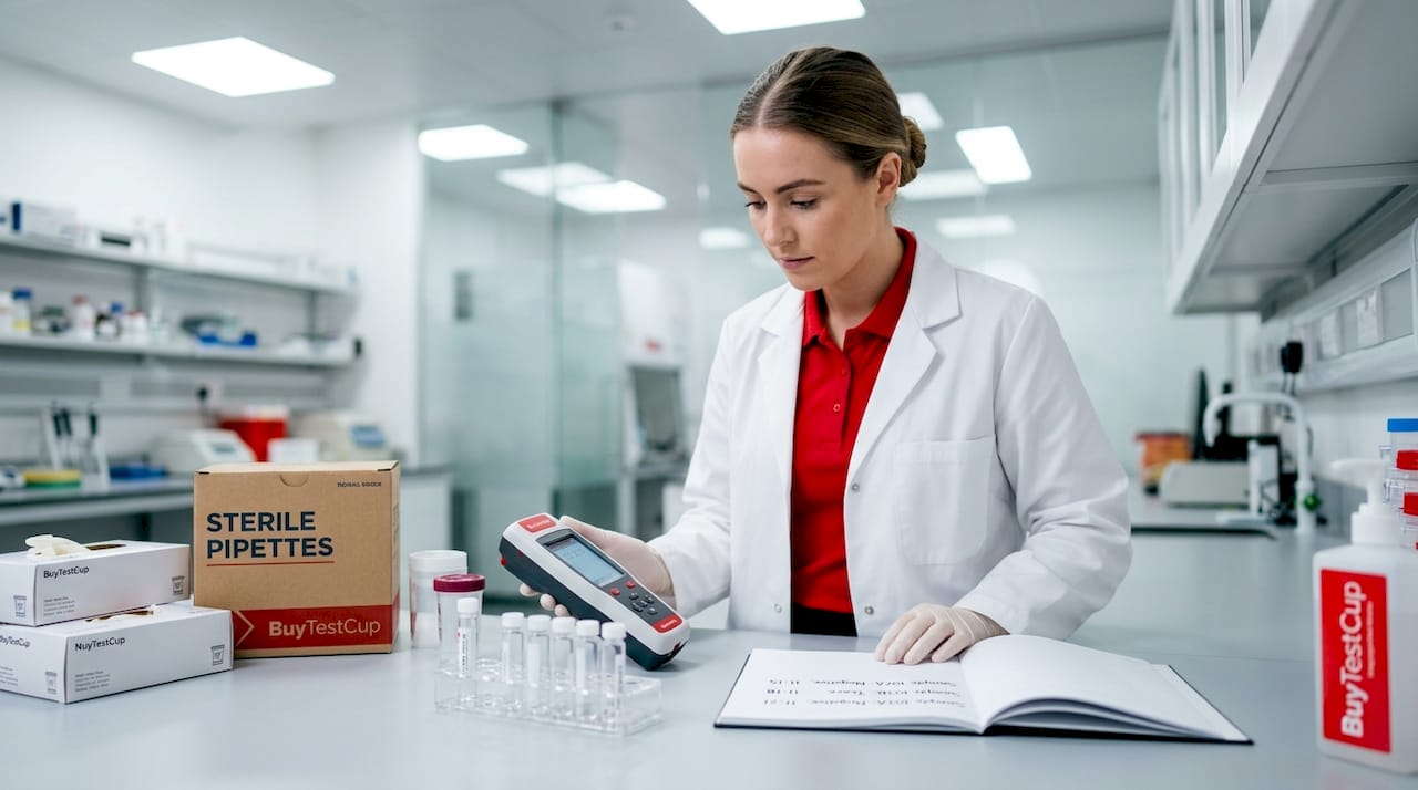 Technician using portable drug analyzer with sample vials