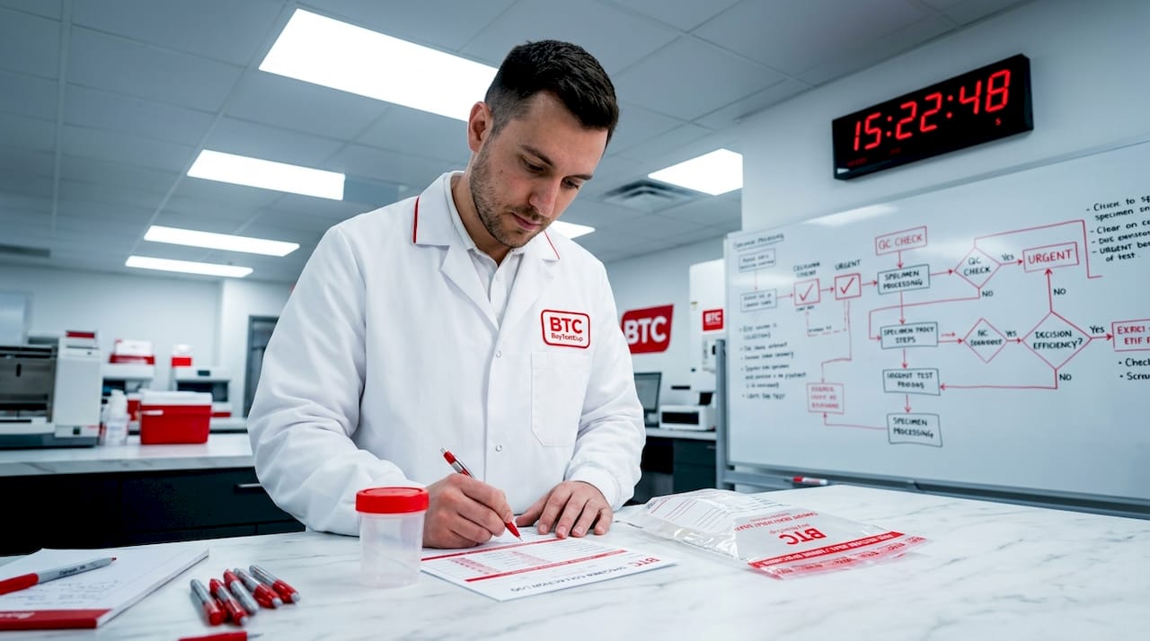 Lab technician verifying a drug test specimen