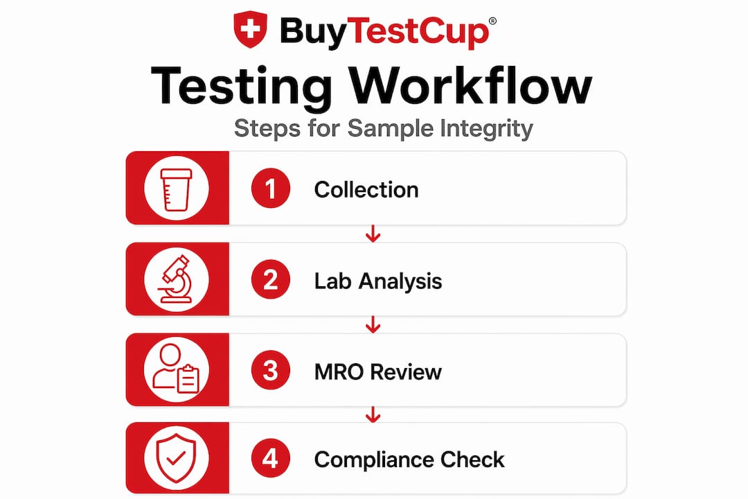 Infographic showing four steps of drug testing workflow