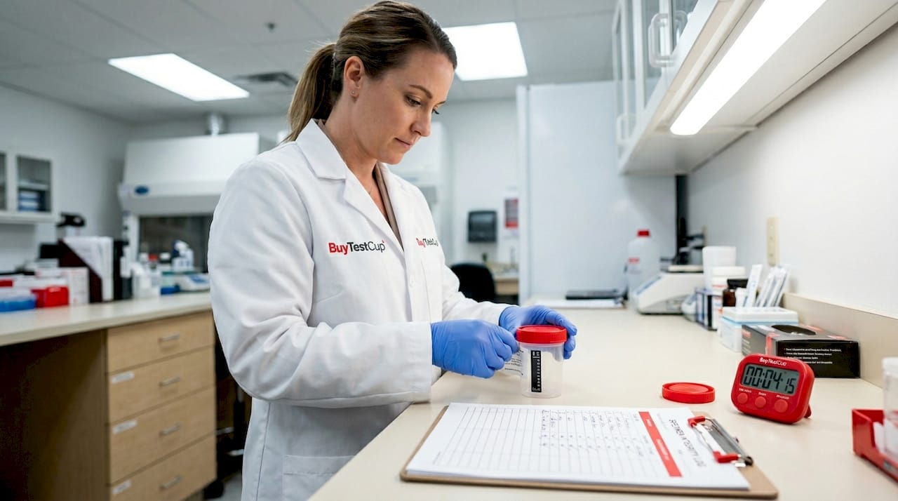 Lab technician labeling urine specimen for validity