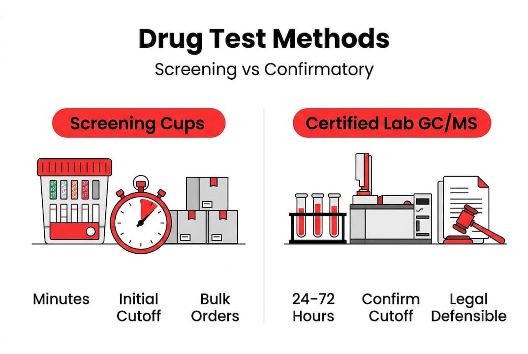 Infographic comparing screening cups and confirmatory testing
