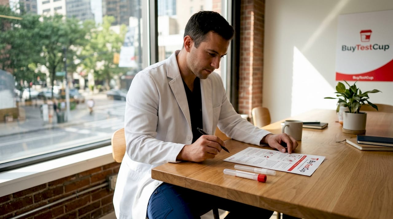 Worker preparing oral fluid drug test supplies