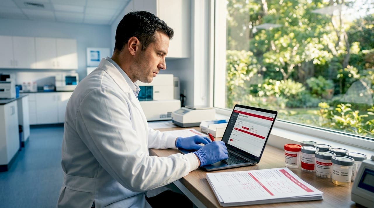 Lab technician logging drug test results