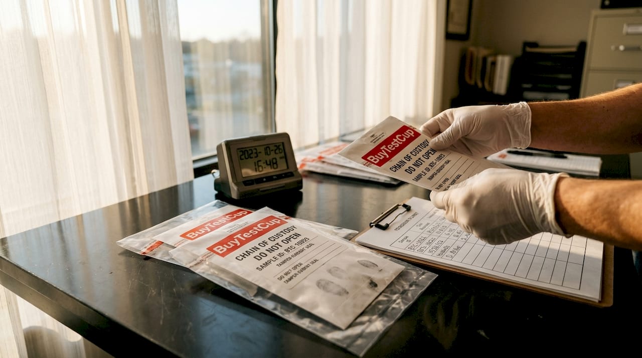 Hands processing sealed forensic drug test samples and logs