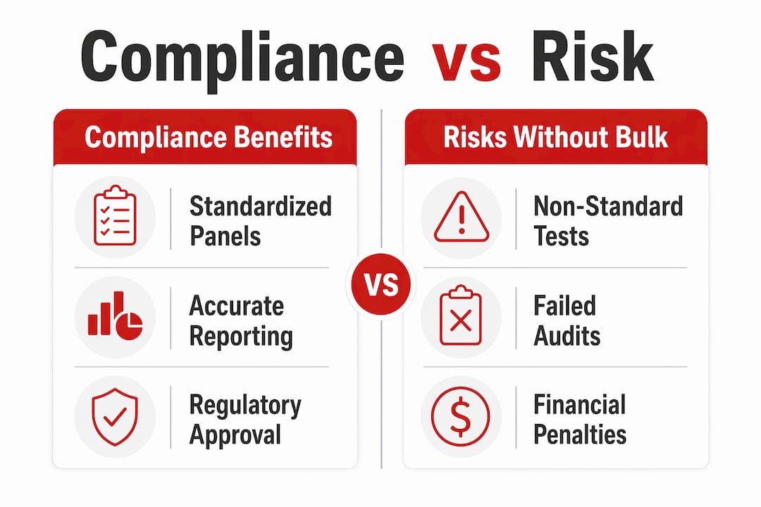 Infographic contrasting compliance benefits and risks without bulk testing