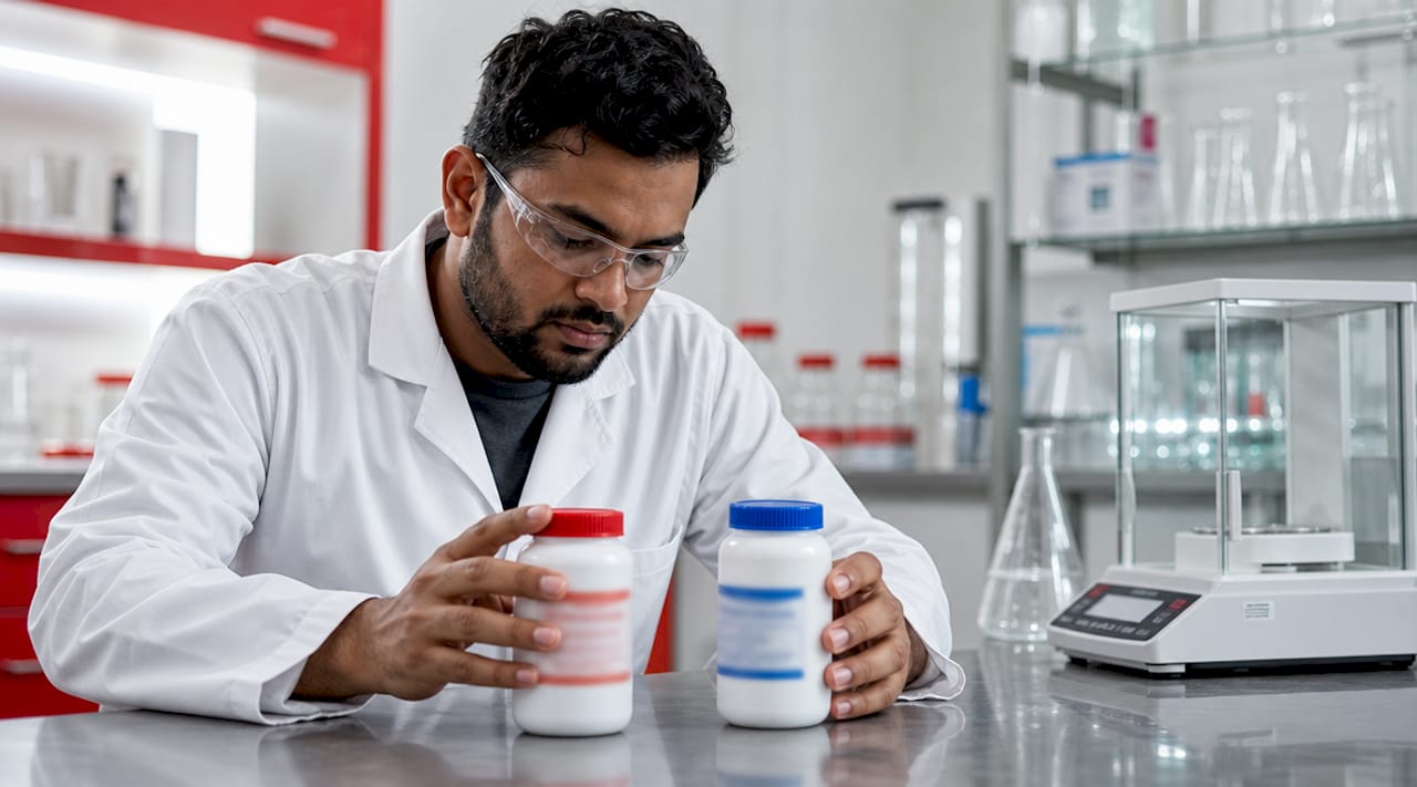 Hands arranging bottles of synthetic and traditional drugs