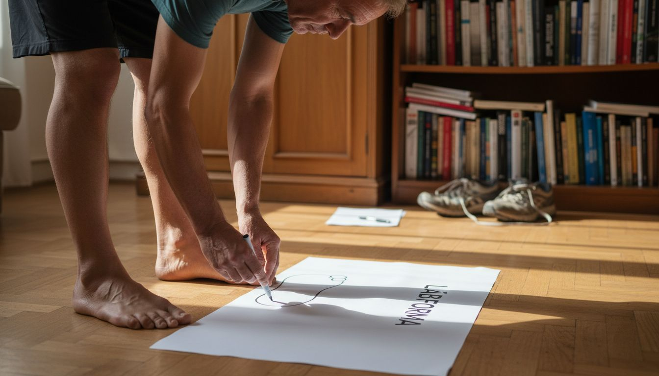 Egy férfi otthon, a szobájában papírlappal méri a lábát.