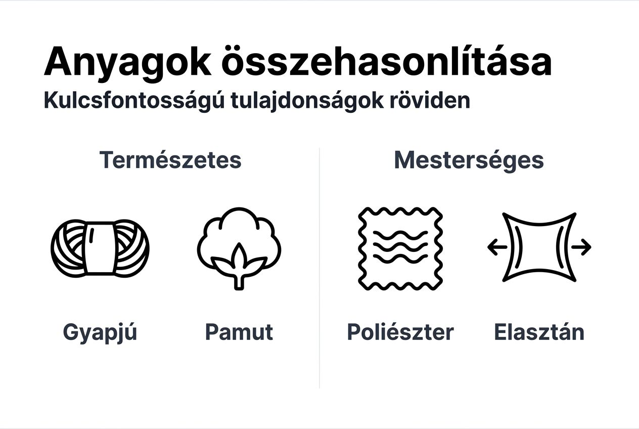 Sportöltözékek anyagainak tulajdonságait összehasonlító szemléltető ábra
