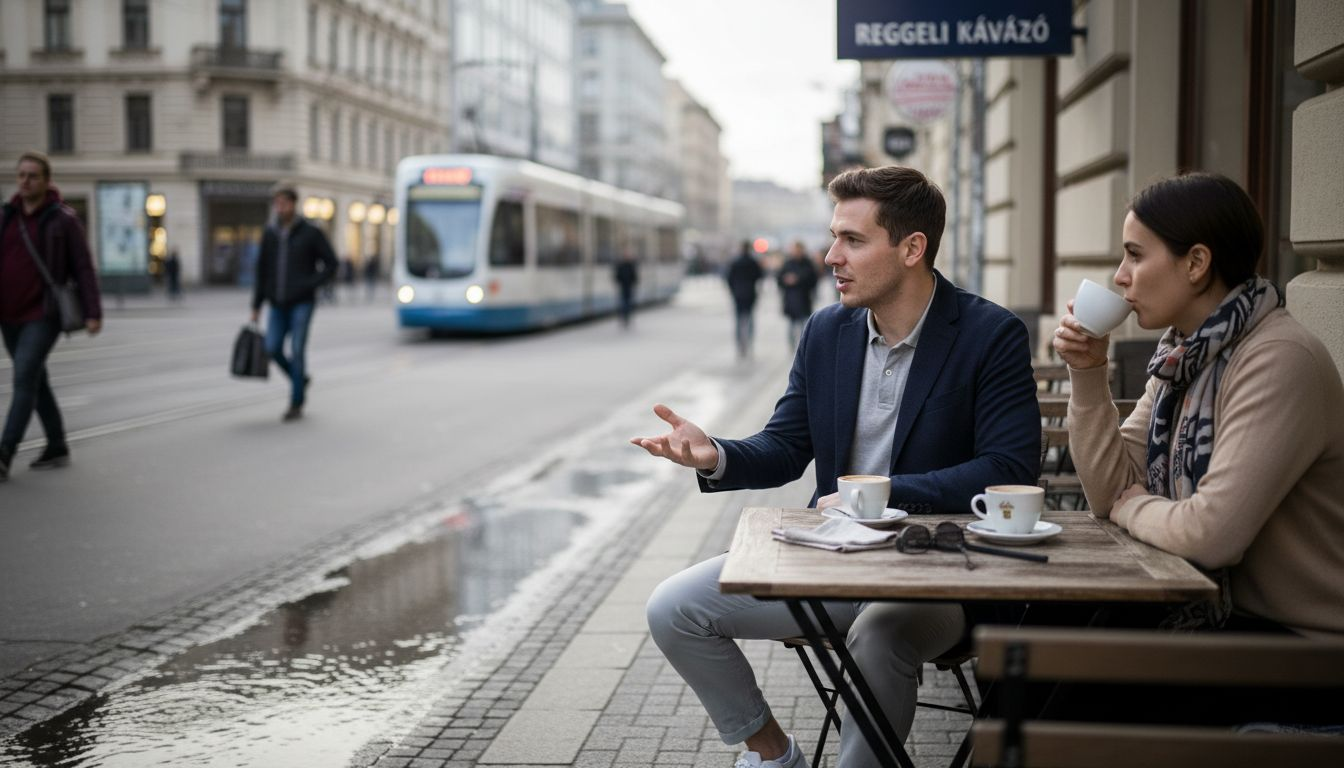 Baráti társaság egy kávézóban, lazán elegáns öltözékben beszélget.