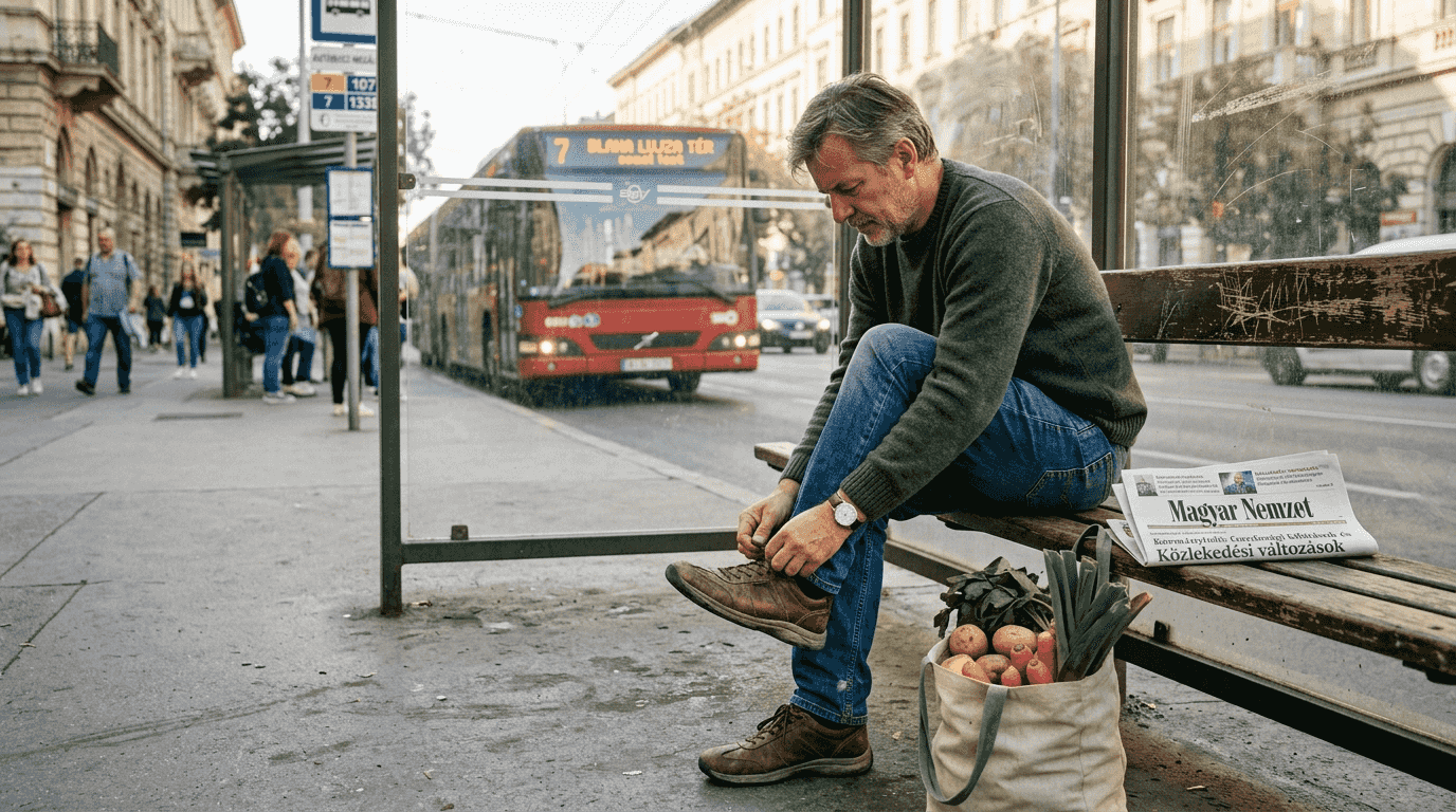 Egy férfi kényelmes cipőben üldögél a buszmegállóban.