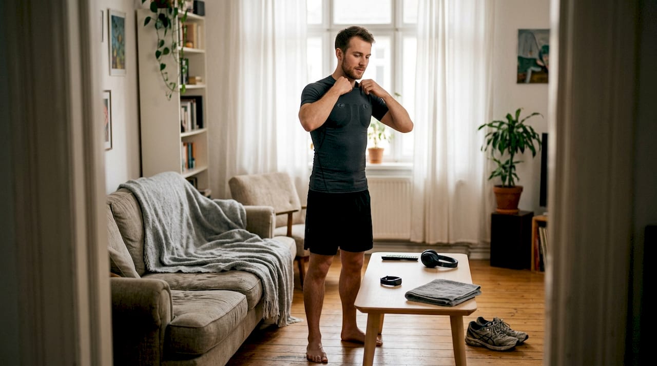 Egy férfi kényelmes, divatos sportpólóban üldögél a nappalijában.