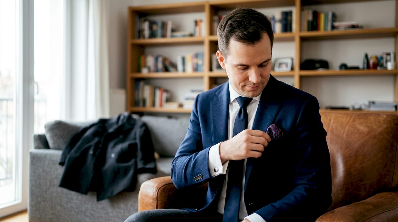 Elegáns férfi zakóban és stílusos kiegészítőkkel a nappali kényelmében