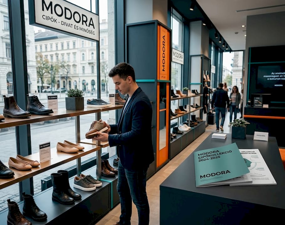 Egy férfi cipőket nézeget egy modern üzletben.