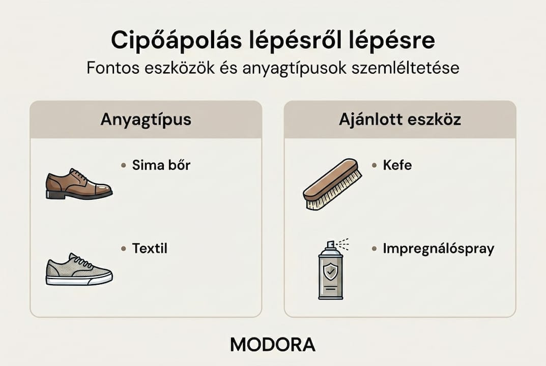 Infografika a cipőtisztítás legfontosabb lépéseiről és a szükséges eszközökről
