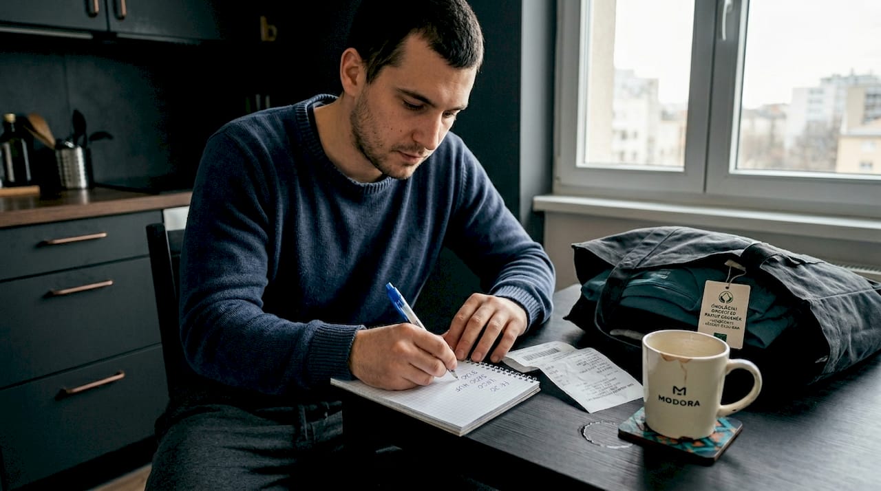 Egy férfi az asztalnál ülve kiszámolja, mennyibe kerül egy ruhadarab, ha figyelembe veszi, hányszor fogja viselni.