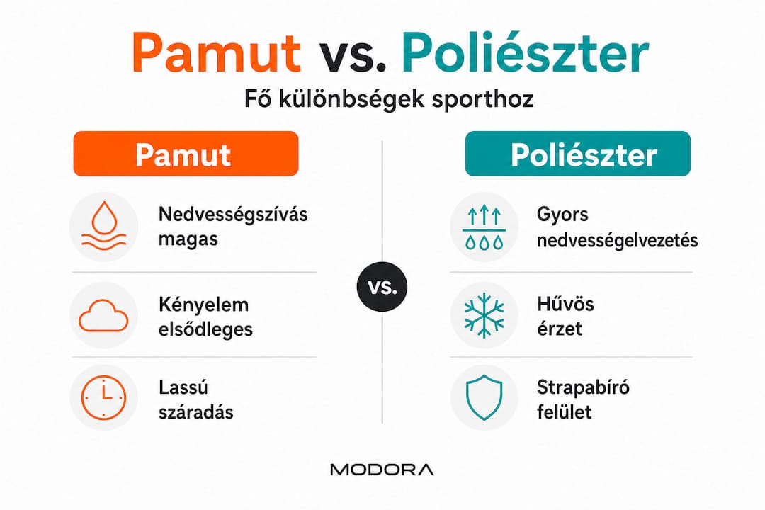 Infografika a pamut és a poliészter sportolás közbeni előnyeiről és tulajdonságairól