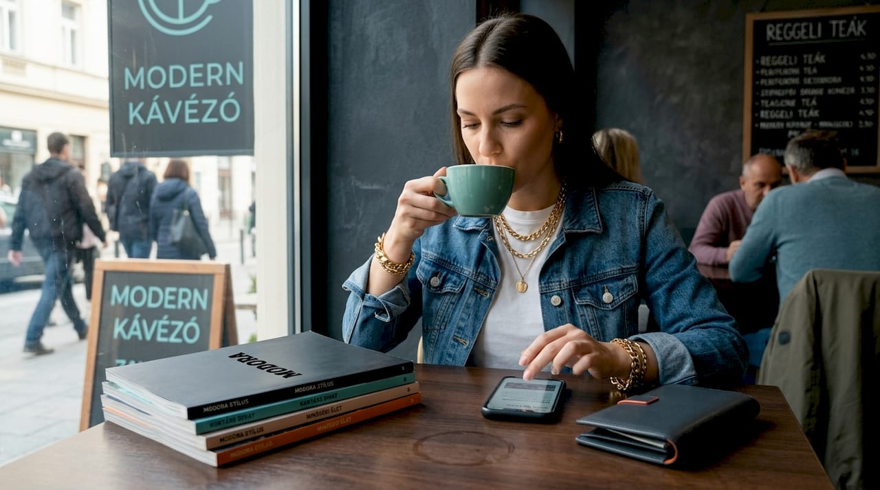 Laza, mindennapi szett arany ékszerekkel feldobva, több rétegben viselve