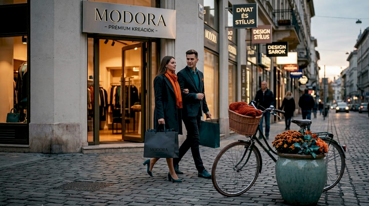 Fiatalok lépnek ki egy elegáns ruhaszalon ajtaján