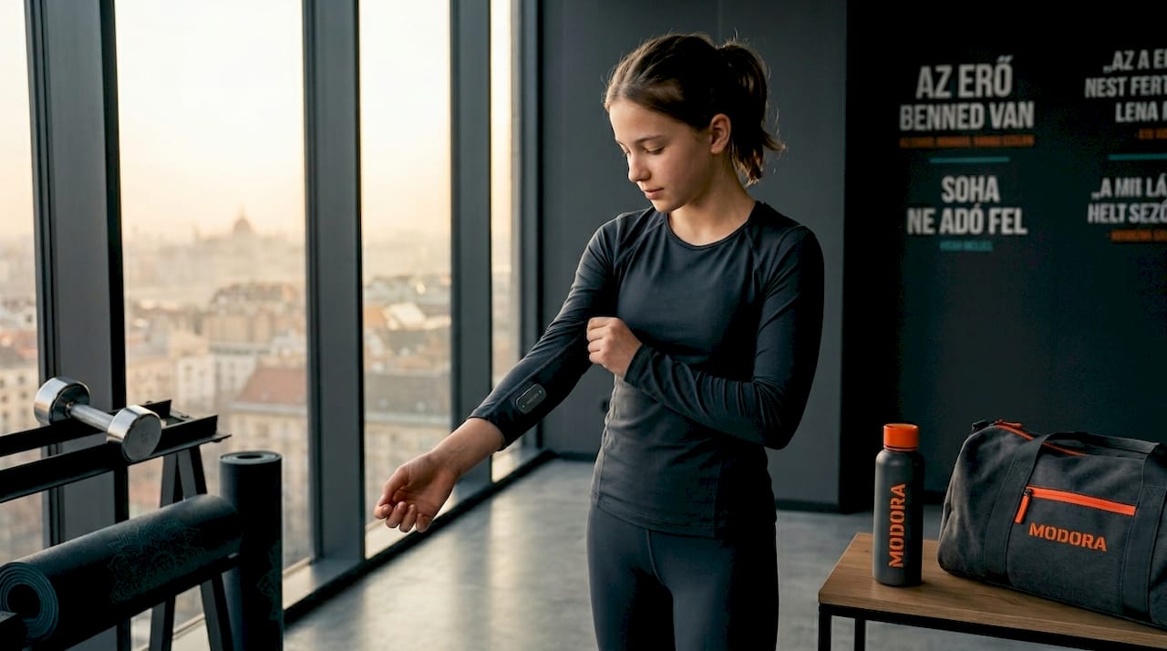 Egy tini lány éppen a sportos, okos felsőjét igazgatja