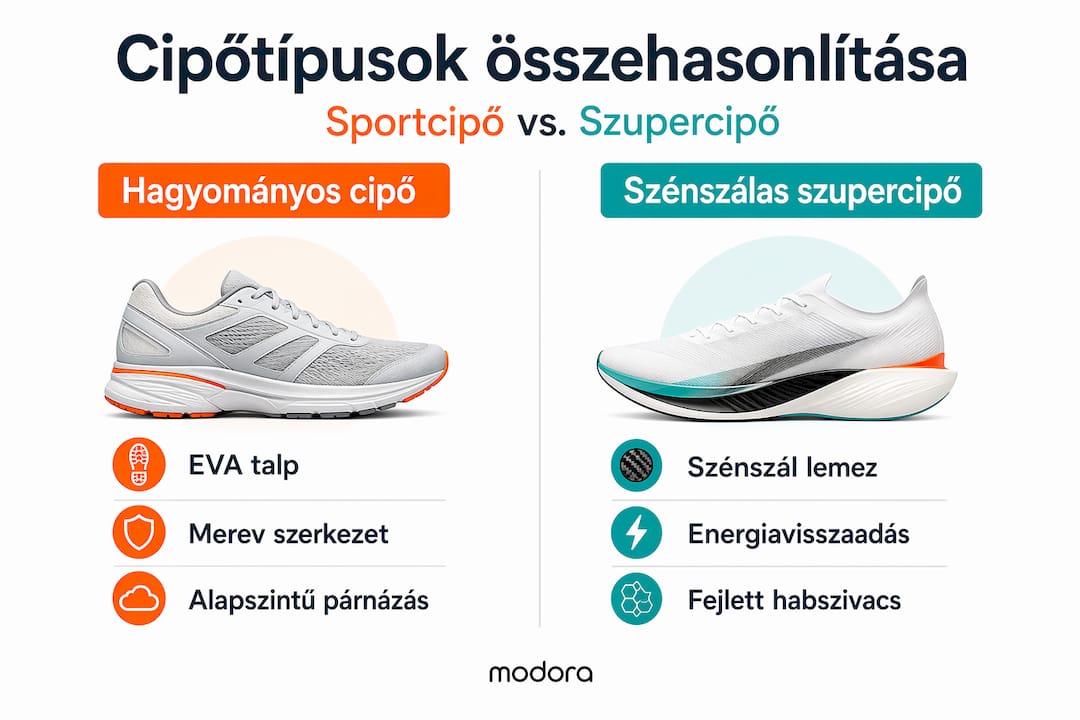 Infografika a hagyományos futócipők és a modern szupercipők közötti különbségekről