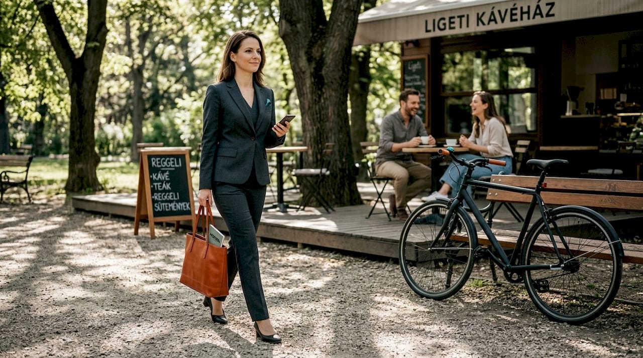 Egy elegáns nadrágkosztümöt viselő nő sétál végig a városi parkon.