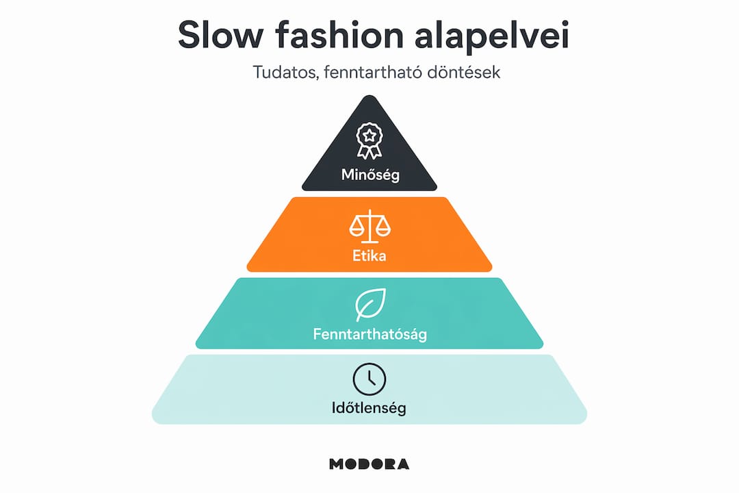 A slow fashion alapelveinek hierarchiáját bemutató infografika