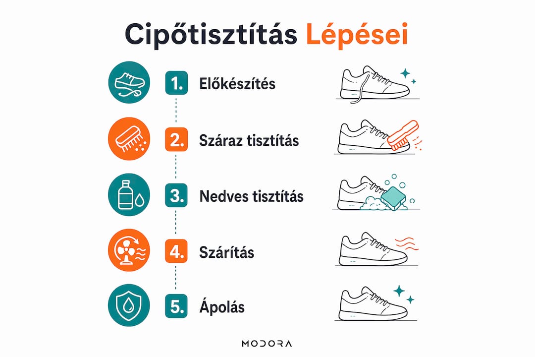 Lépésről lépésre bemutatott infografika arról, hogyan tisztítsd meg a cipődet egyszerűen és hatékonyan.