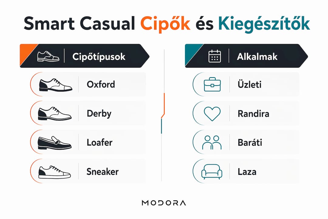 Smart casual cipők és kiegészítők – infografika a két fő stílus összehasonlításával