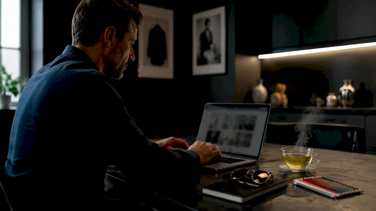 Egy férfi ötleteket keres, miközben a dolgozószobájában ül és a laptopján dolgozik.
