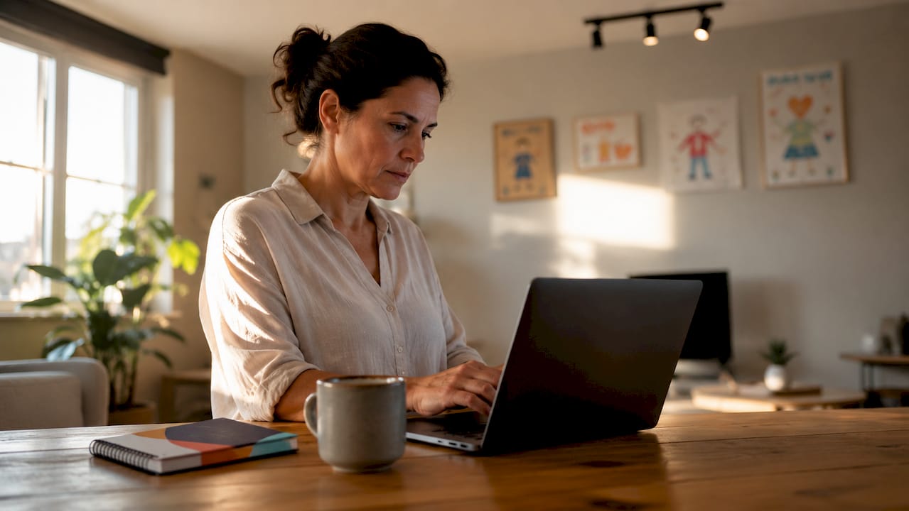 Egy anyuka éppen a laptopján nézi, hogy melyik méretű gyerekruhát válassza az online vásárláshoz.