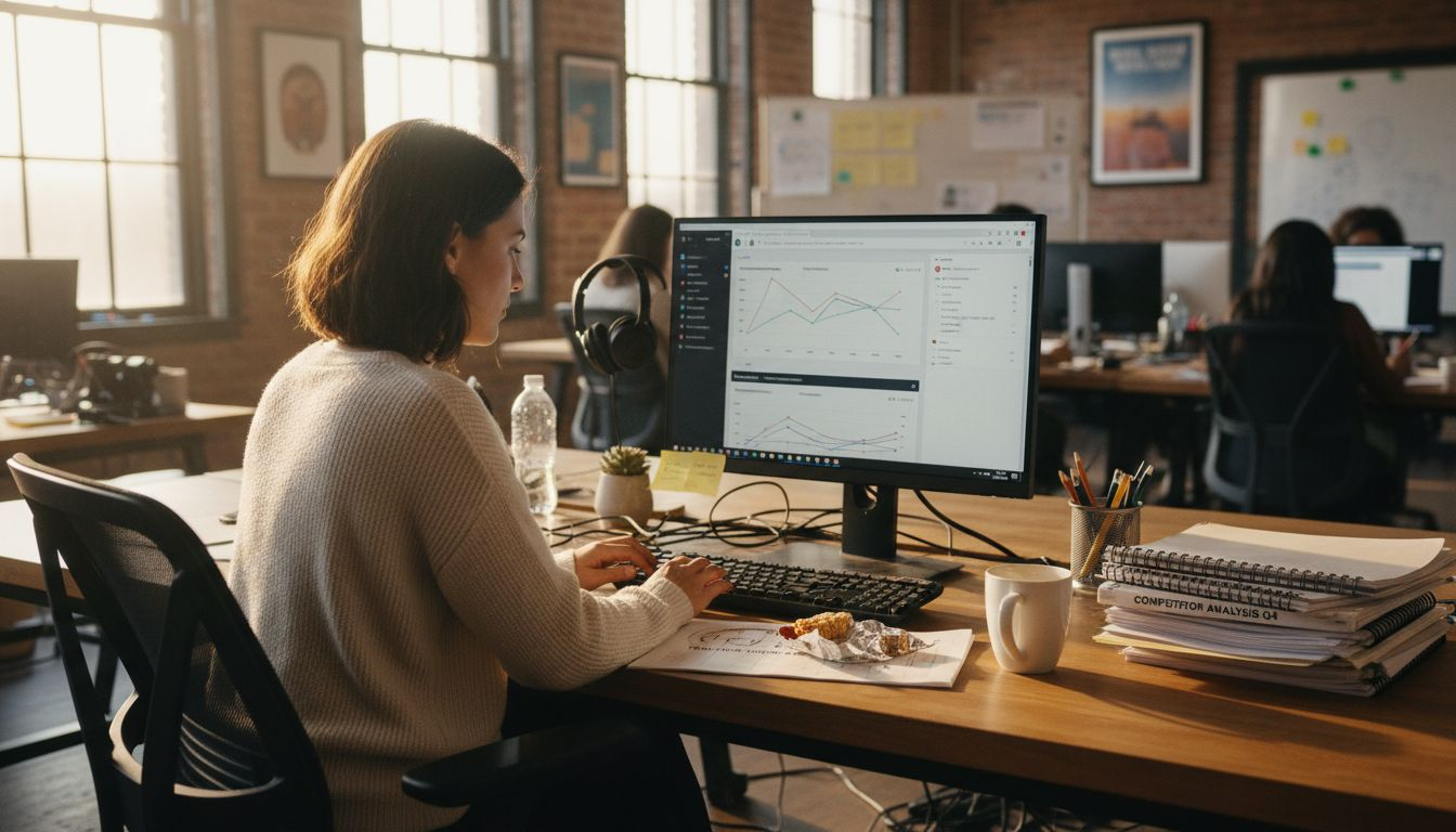 Analyst checking TikTok analytics dashboard at desk