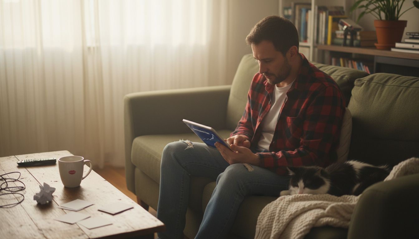 Man on sofa reviewing TikTok completion rates