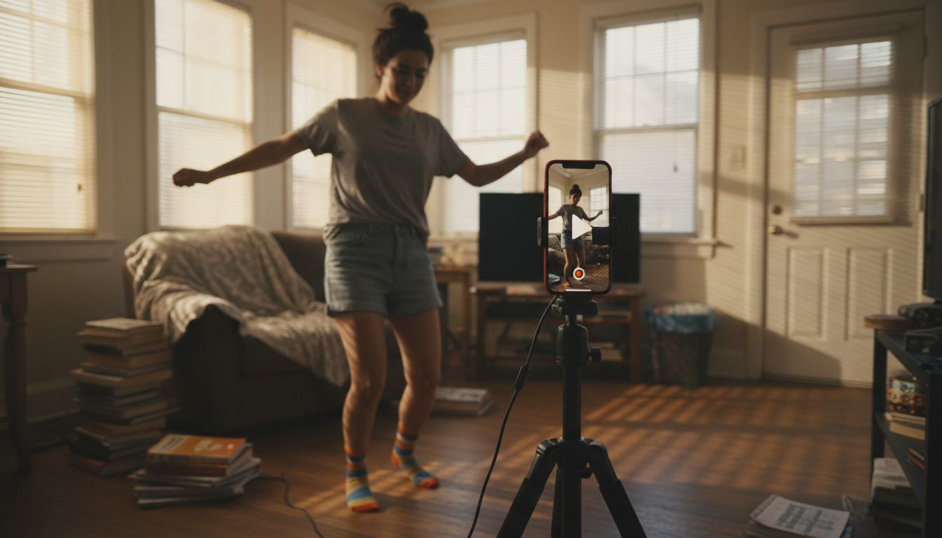 Creator filming TikTok dance in casual setting